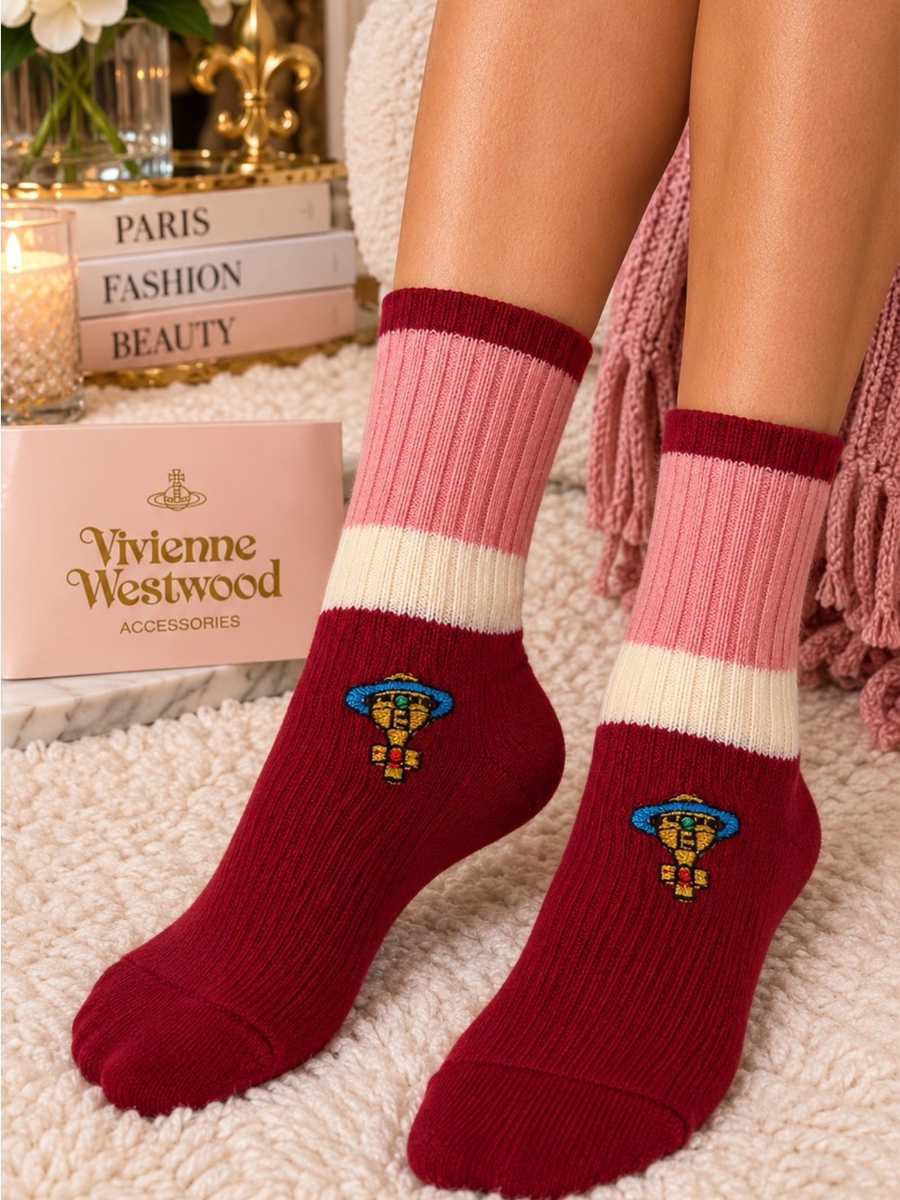 Vivienne Westwood Japan Orb Embroidered Pink Red Crew Socks NWT